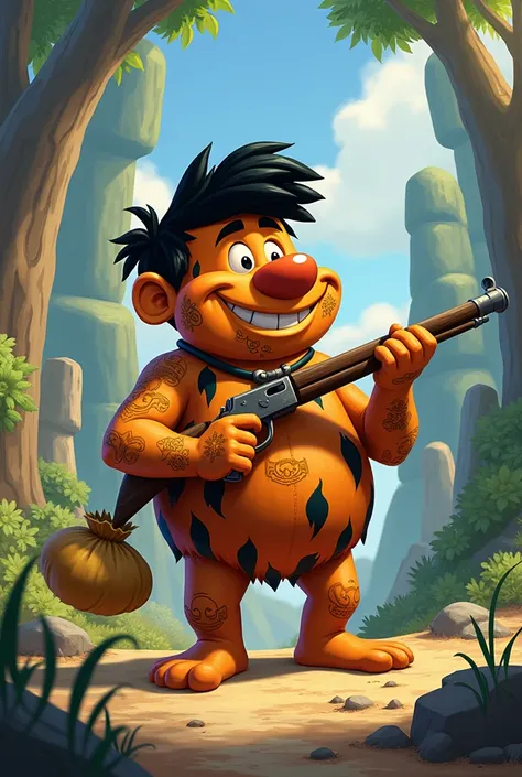 The Flintstones&#39; Bambam boy with a rifle in his hand and a sack in the other hand, all full of tattoos 
