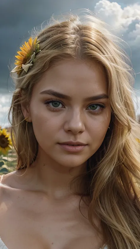 Portrait of a female with Colombian ethnicities, 25 years old, round face shape, green eye color, blonde hair color, Blooming sunflower against stormy sky backgrounds, straight hair style, heavy makeup, like as an actress Judi Dench[0.15]. Please ensure th...