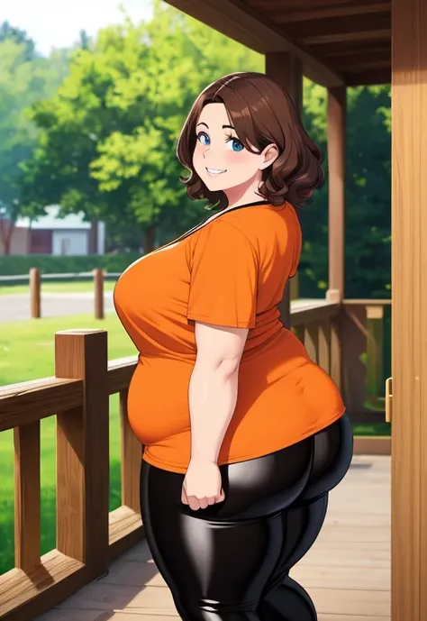 masterpiece, best quality, 1girl, portrait, 44 year old woman, shoulder-length brown hair with some curly, blue eyes, medium breasts, round face, fat face, fat, chubby, round belly, plump body, thick thighs, fat ass, ((Wearing: Orange V-neck shirt, Black s...