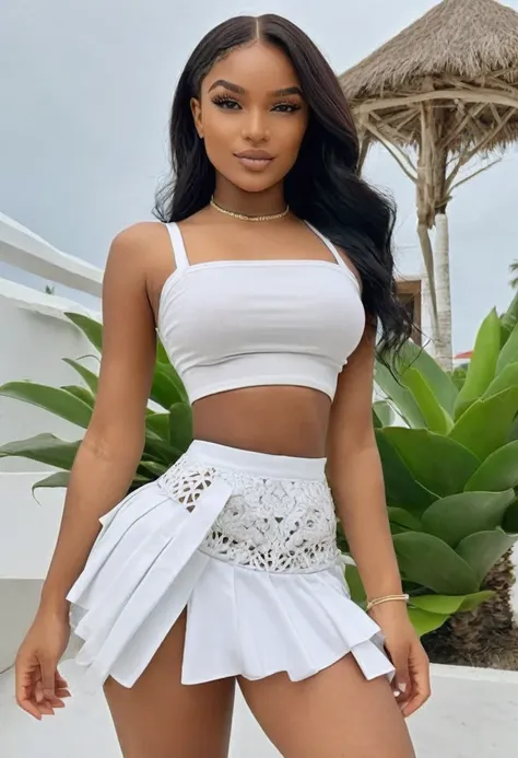 (best high quality:1.5), obra de arte, (8k), extremely detailed, (High details:1.4), Solo, Angolan female with 24 years old, (crop top, micro-skirt),