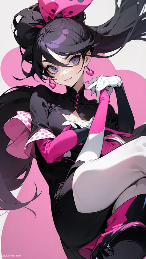 	•	Head:
	•	The character has a pale complexion with a round face and a playful expression.
	•	The hair is styled in a high ponytail, tied with a large black bow. The hair color is a deep black with a glossy shine.
	•	The character wears a black, cat-eye m...