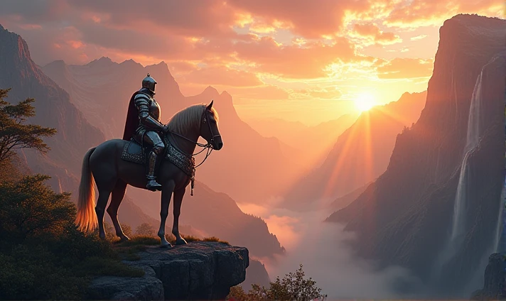 "Create a high-quality cinematic image, in 8K, depicting an epic fantasy scene at sunset. At the center, a majestic figure of a knight in shining armor, mounted on an imposing horse, both with intricate details. The surrounding scenery is a vast mountainou...