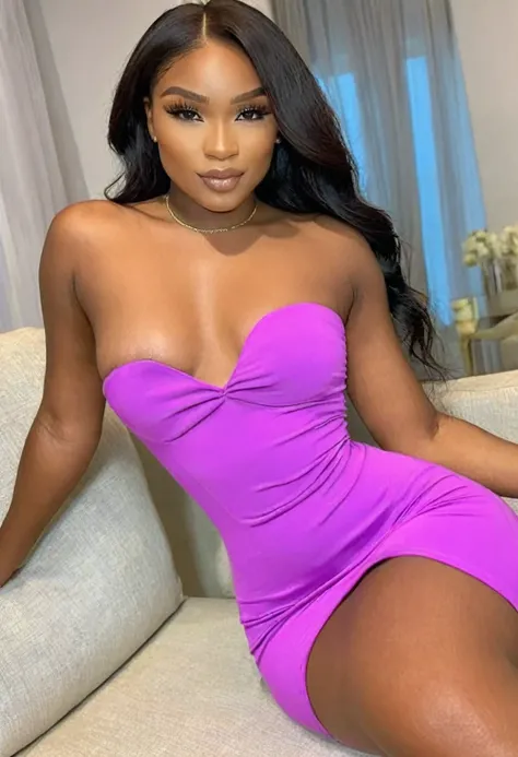 ((high quality:1.2)), (8k), extremely detailed, ((High detail:1.2)), ((best resolution:1.4)), (HotLexi woman), Solo, 24 years old Angolan female, (tight short dress strapless),