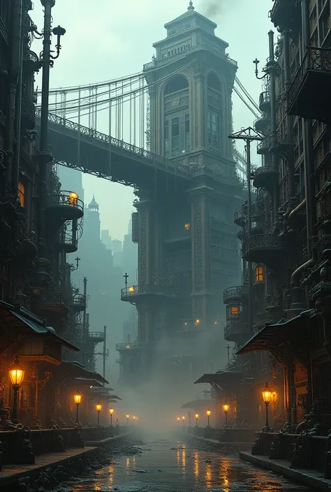 steampunk cityscape, perspective from below, Buildings packed with exposed gears and pipes, dim light illuminating the irregular structures, submerged soil covered with mechanical devices, Gears turning and thick pipes whistling, Covered bridge with intric...