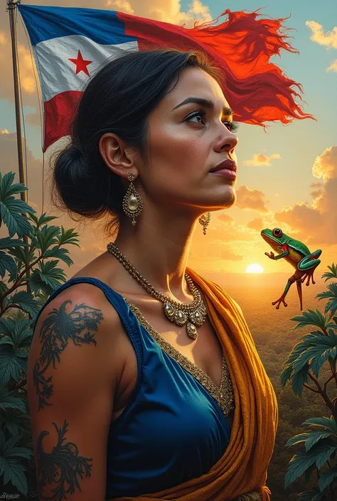 A spectacular canvas drawing to win a competition but not so difficult to draw about the creative cultural identity of Panama,waving flag ,Golden Frog ,among other representative objects ,big ,etc,brooding woman