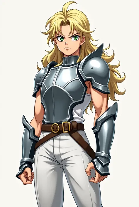 fair-skinned male, youthful appearance, greeneyes, angry look, blonde hair long, wearing a white tank top, wearing white pants, wearing silver chest armor, Knights of the Zodiac style, anime styling, Full-body image 