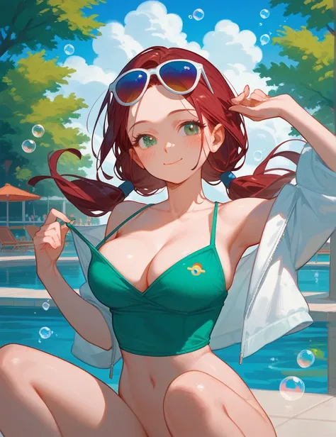 score_9_up,score_8_up, 1girl, solo, green eyes, burgundy hair, twin low tails, long hair, ((blush)), closed mouth, smile, big breast, pose, (thin girl:1.2), (bubbles), ((entertainment park)), sunglasses, 