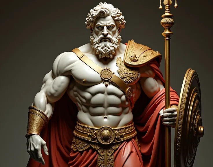 in this painting, I imagine the representation of a Greek god., Ares, with a powerful and majestic presence. The message should capture the essence of this topic., highlighting the main elements, Textures, Additional Details, Image quality, Art Style, colo...