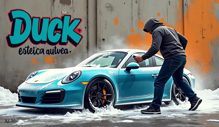 A graffiti style drawing of a man washing a car with snow foam and on the wall writing: duck estetica automotiva