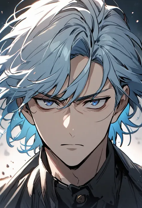 Handsome, solo, 1 male, light blue hair, dark blue eyes, 1 man, death stare