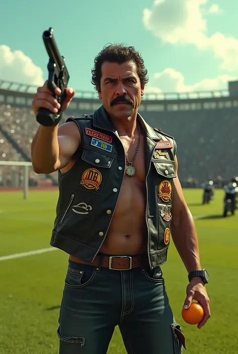 Pablo Escobar vest motorcycle club holding gun holding tangerine football field