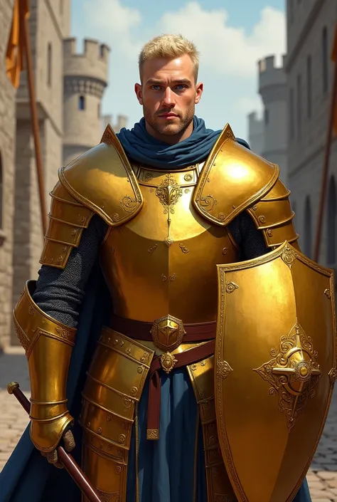 Male knight, medieval, gold british armor, big shield and lance, blue eyes, bald, blonde short beard, young, realistic art