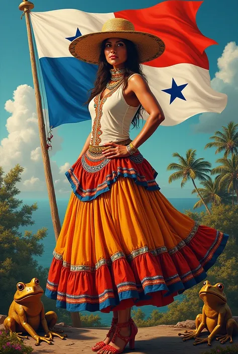 A spectacular canvas drawing to win a competition but not so difficult to draw about the creative cultural identity of Panama,waving flag ,Golden Frog ,among other representative objects ,big ,etc,woman in a representative skirt of Panama and hat