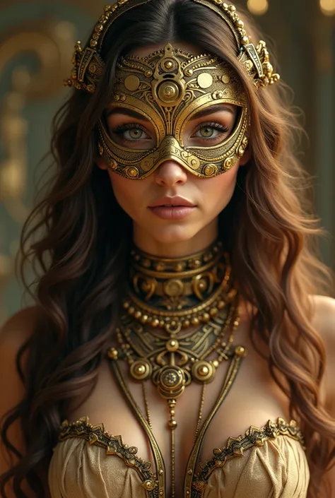 A woman with tanned brown skin, with long brown curly hair, golden yellow eyes, a smiling golden mask covering his face, stream punk clothing style