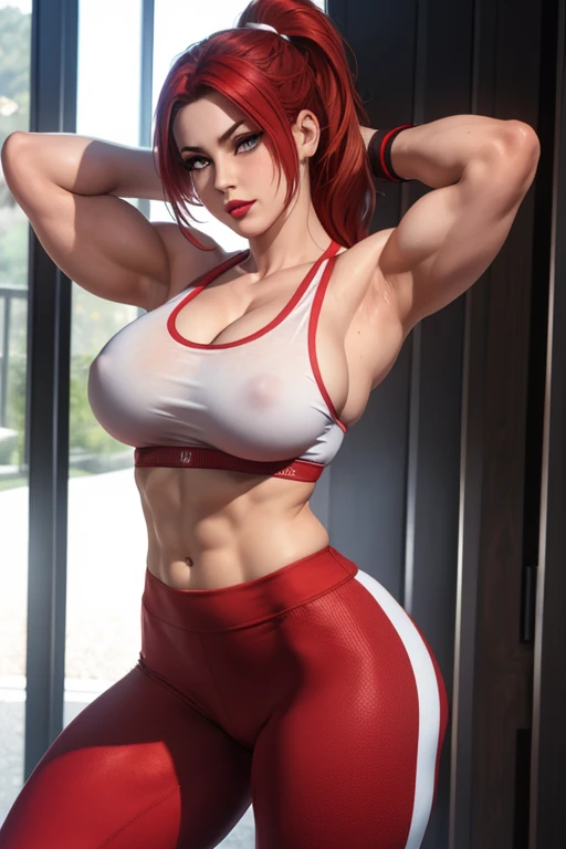 Beautiful muscular woman perfect breasts muscular body messy red hair light eyes gym uniform top and leggings red lips blushing face raising her arms behind her head 