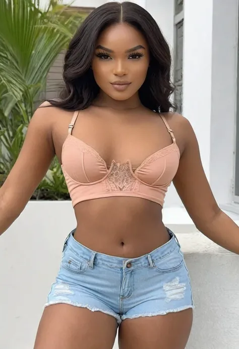 ((high quality:1.2)), (8k), extremely detailed, ((High detail:1.2)), ((best resolution:1.4)), Solo, 24 years old Angolan female, ((cropped, mini-shorts)), BREAK, (((perfect hourglass hot body))), (((square and defined face of an extremely perfect and beaut...