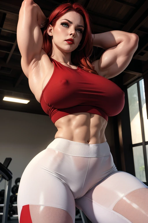 Beautiful muscular woman perfect breasts muscular body messy red hair light eyes gym uniform top and leggings red lips blushing face raising her arms behind her head 