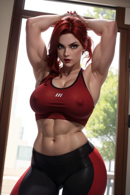 Beautiful muscular woman perfect breasts muscular body messy red hair light eyes gym uniform top and leggings red lips blushing face raising her arms behind her head 