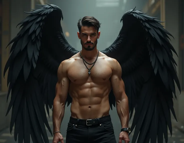 （（（angel caido！angel！big black angel wings！Gothic）））,perfect composition,！)), （（Unintentionally exposing chest muscles.））body hair, ((hairy chest++)), elegant macho, elegant barbilla de chad, Elegant and attractive, Elegante y elegant, elegant hombre, Attr...