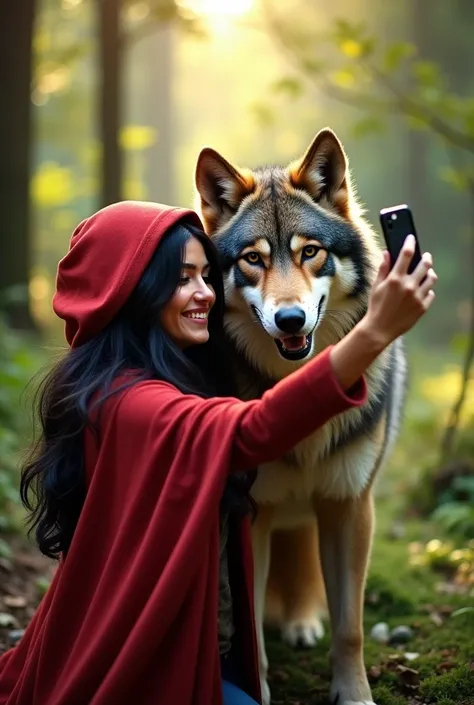 two characters in the photo the first is a woman with black hair and a red hood taking a selfie of herself, as if the image were the self itself, next to her the second character a strong wolf as if from a movie smiling for the photo, The setting is a fore...