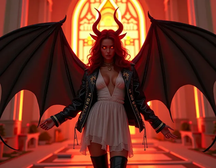 a comic fantasy art of a female devil wearing black leather jacket that has "Devils Angel" written on it ((full body: 1.5)), exotic beautiful female devil((anatomically correct: 1.5), (ultra detailed face: 1.2), best detailed face, ((red skin: 1.5)), ((fie...