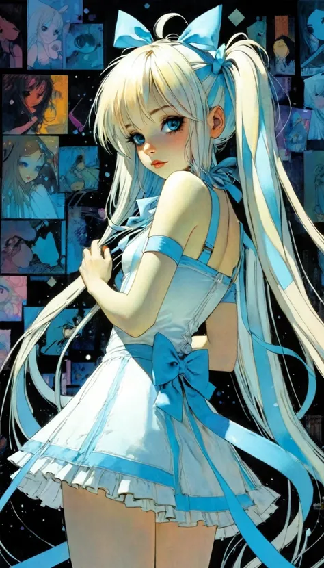 Image resolution 1024px Alice ribbon light blue white, light line, image resolution 1024px, Kawaii, cute, long hair, pretty, anime, sexy, pastel, neon, art inspired by Bill Sienkiewicz and Dave Mckean