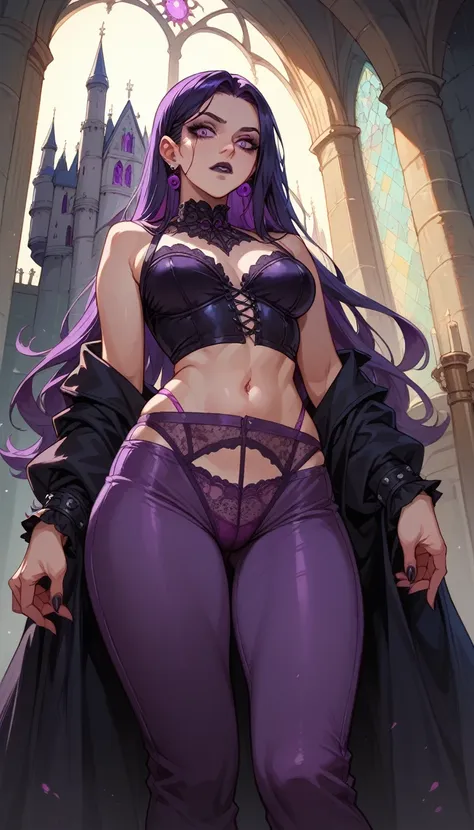 ((violet gothic style)), (violet fancy transparent underwear), (((castle))), (violet pants),