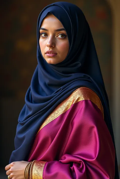 A girl wearing 50% magenta 50% goldenish saree, magenta blouse, navy blue hijab and golden bangles
