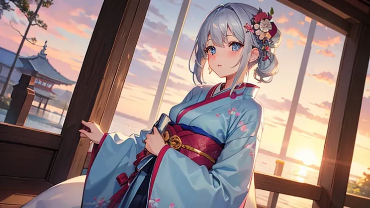 1girl in, Silver Shorthair, sky-blue eyes, kimono skirt, shrines, Cute, blush, medium breasts⁩, Sunset, Best Quality++, Highest Quality++