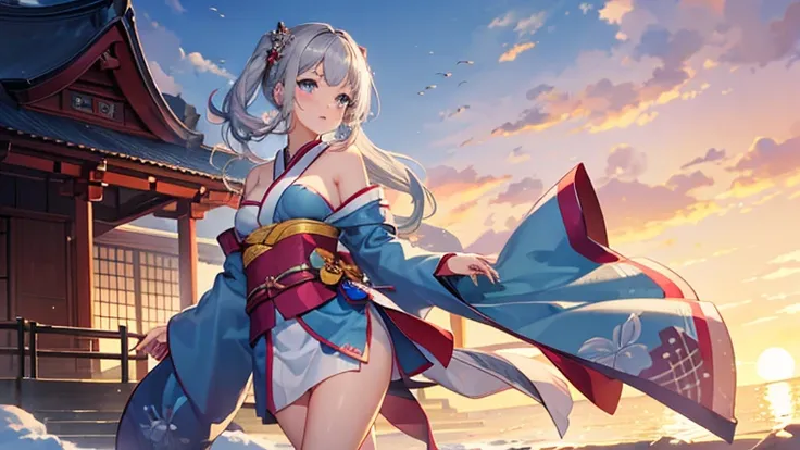 1girl in, Silver Shorthair, sky-blue eyes, kimono skirt, shrines, Cute, blush, medium breasts⁩, Sunset, Best Quality++, Highest Quality++