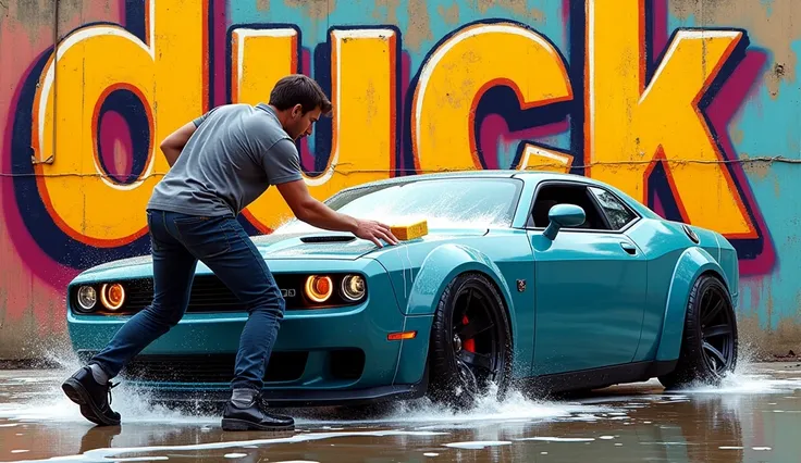 A graffiti style drawing of a man washing a car with and written on the wall: duck