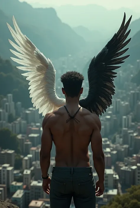 a realistic image of a man looking down on the favela with an angel wing with one side white and the other side dark in an underground style for the cover of a rap song