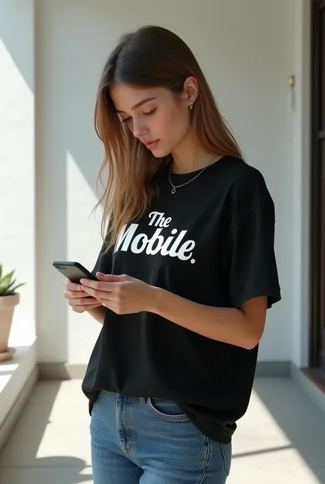 a girl with a phone , her black t shirt have two words The Mobile printed