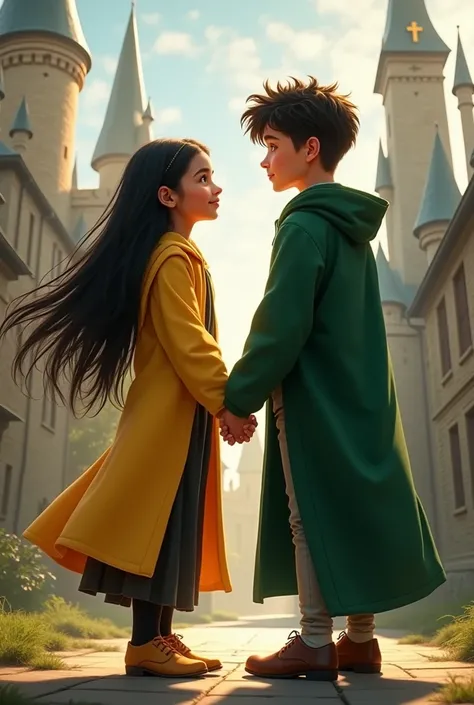 A teenager girl with brown skin, black long hair wearing a Hufflepuff uniform and holding hand with a teenager boy that have black short hair, white skin and wearing a slytherin uniform