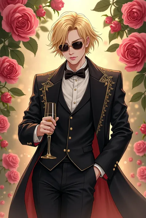 Create a character with the drawing style of roses and chanpage by mixing Cesar with Sar , a senguho ya dowon wearing a suit with a black plush jacket with sunglasses the character must have white skin and short blonde hair 