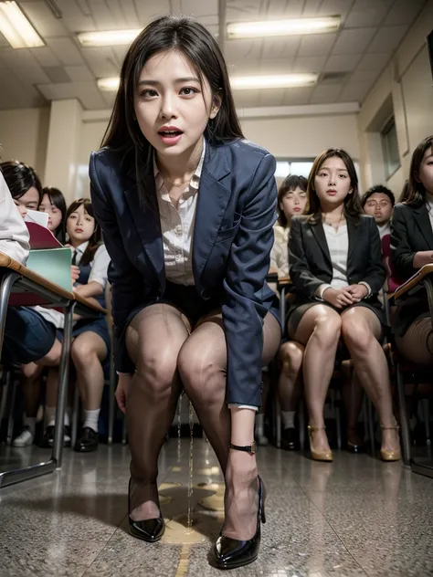 female teacher pisses、female teacher urinates at student graduation ceremony、pee leak、peeing herself、a lot of pee、from below、gaz...