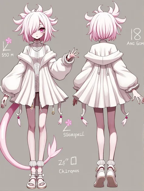 Monster girl, pale white skin, pink eyes, big hair over one eye, long tail, smooth skin, multiple views, concept art, character data sheet