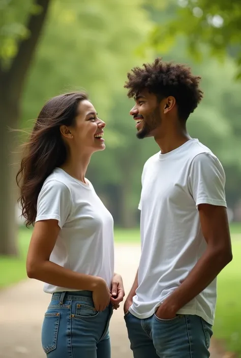 Two teenagers laughing in a park chatting, wearing jeans that perfectly match with a white t-shirt. Hyperrealistic image with a lens aperture of 1.4 at a focal length of 35 mm