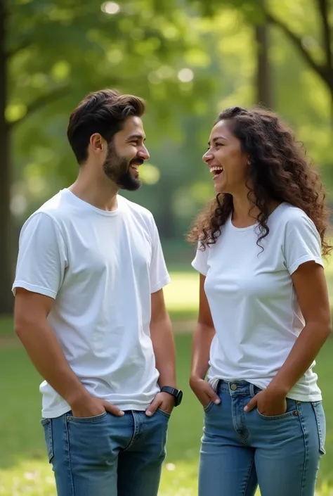 Two teenagers laughing in a park chatting, wearing jeans that perfectly match with a white t-shirt. Hyperrealistic image with a lens aperture of 1.4 at a focal length of 35 mm