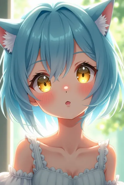 Light blue hair, yellow eyes, cute、Cute and anime style