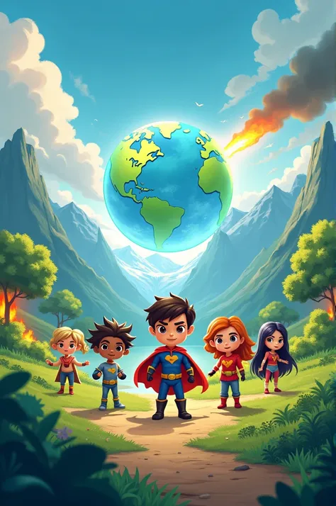 Animated image of children heroes saving the planet from climate change 