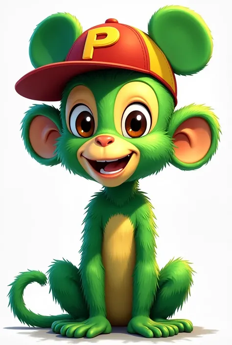 drawing of a green monkey with a cap with mickey mouse ears that has the letter "P" written on it, this cap is worn backwards, in the style of the backyardigan character