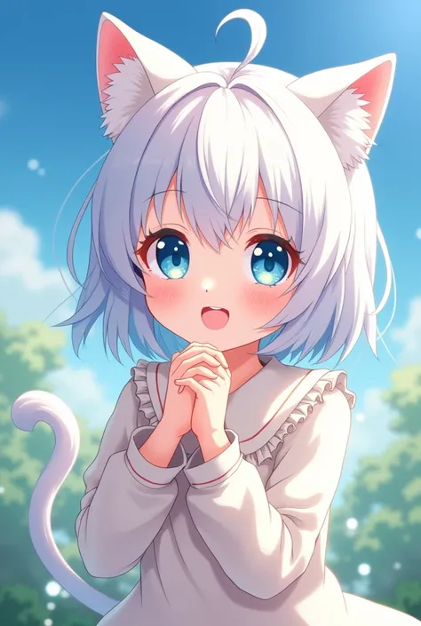 cute anime girl with white hair and blue eyes with cat ears and no human ears