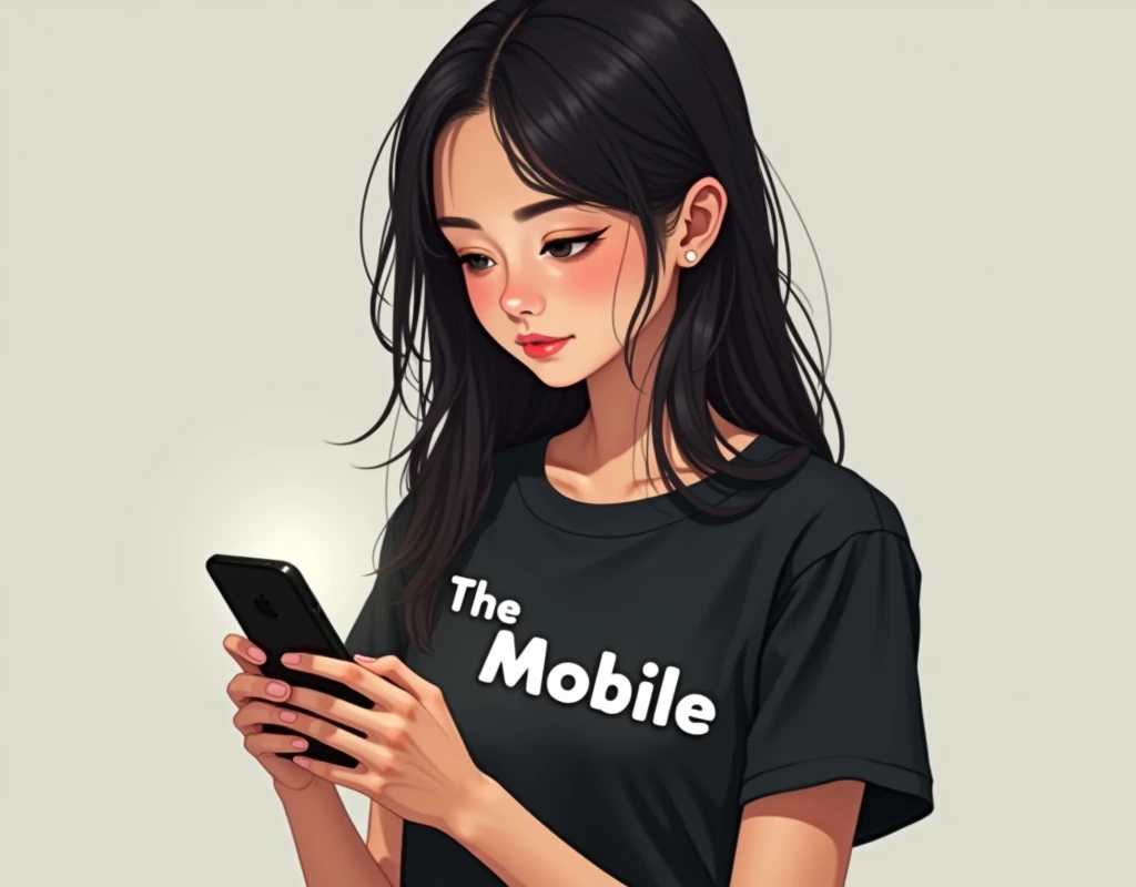 a girl with a phone , her black t shirt have two words The Mobile printed