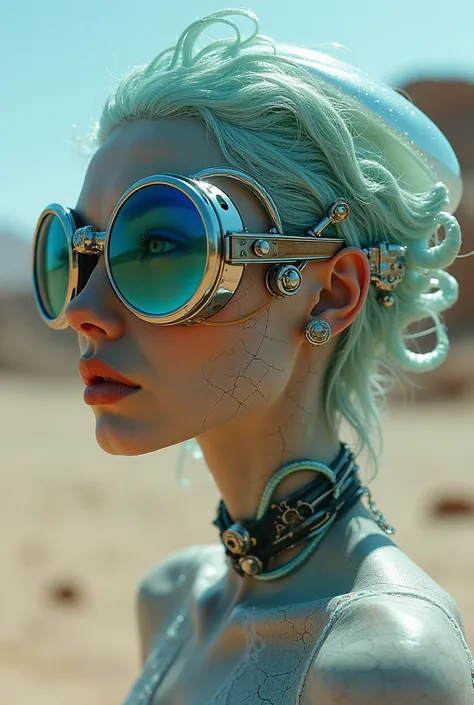 Ethereal Cyborg Woman, bioluminescent jellyfish tiara. Steampunk goggles merge with translucent tentacles. Cracked porcelain skin meets iridescent scales. Mechanical implants and delicate tendrils intertwine. Human characteristics with an otherworldly glow...