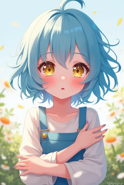 Light blue hair, yellow eyes, cute、Anime-style and cute, no animal ears