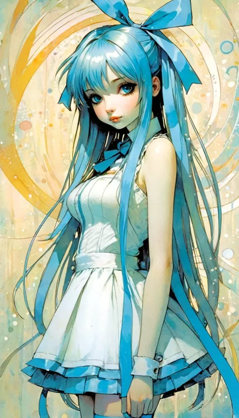 Image resolution 1024px Alice ribbon light blue white, light line, image resolution 1024px, Kawaii, cute, long hair, pretty, anime, sexy, pastel, neon, art inspired by Bill Sienkiewicz and Dave Mckean
