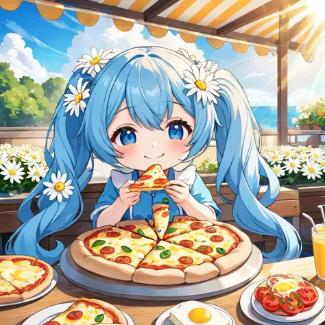 Light blue long hair、Cute chibi character with twin tails、Eating a big pizza、A delicious smile、Cheese on the cheek、A bright cafe with lots of sunlight、A lot of white daisies are displayed