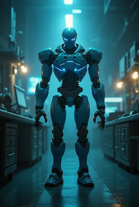 In a dimly lit, indoor laboratory, a solo robot, with glowing blue circuits and metallic limbs, stands imposingly amidst a blur of scientific equipment. Shadowy silhouettes of machinery and consoles surround it, as bright lights cast an otherworldly glow. ...