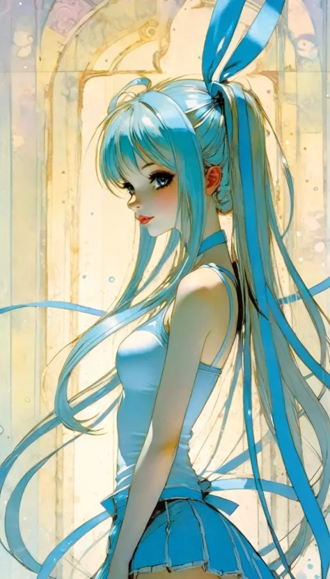 Image resolution 1024px Alice ribbon light blue white, light line, image resolution 1024px, Kawaii, cute, long hair, pretty, anime, sexy, pastel, neon, art inspired by Bill Sienkiewicz and Dave Mckean
